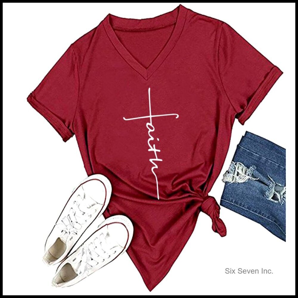 V-Neck Graphic Tee Casual Summer Letter Print Short Sleeve Loose Fit